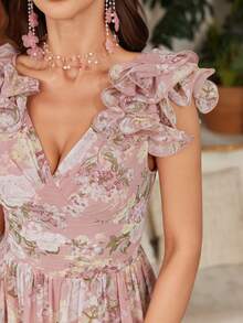 [Impresión aleatoria] Vestido de noche de gasa con cuello en V, mangas con encaje, abertura y bajo amplio para mujer UNITHORSE - Rosa - Ver 4