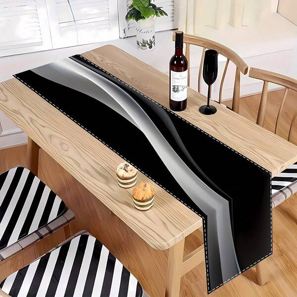 1pc Elegant Modern Abstract Black Table Runner, Fashion Rectangular Table Scarf, Suitable For Home, Banquet And Gift Decoration, Applicable For Dining Room, Kitchen, Bedroom, Outdoor Events And Home Decor, Classic Housewarming Home Decor