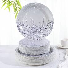 7-Zoll und 9-Zoll Einweg-Partypappteller, grau und silber glitzernder Diamant-Muster Einweg-Partygeschirr, Einweg-Pappteller für Partydesserts, geeignet für Prinzessinnen-Geburtstagsfeiern, Feiern, Partydekoration