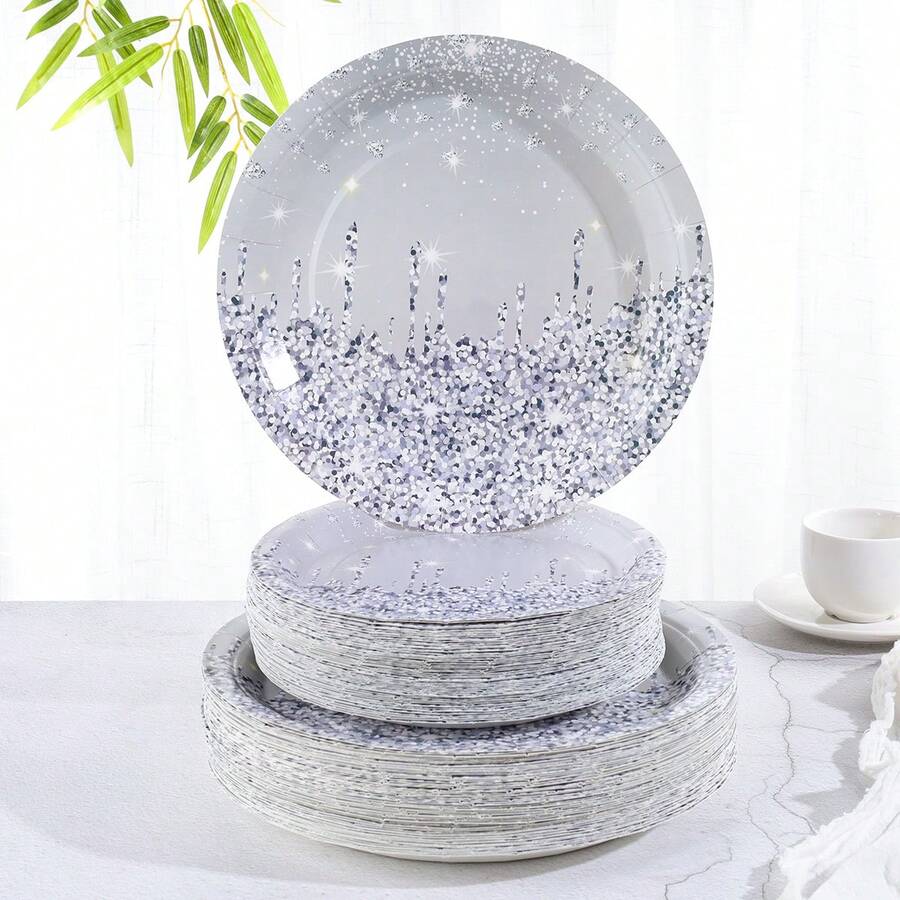 7-Zoll und 9-Zoll Einweg-Partypappteller, grau und silber glitzernder Diamant-Muster Einweg-Partygeschirr, Einweg-Pappteller für Partydesserts, geeignet für Prinzessinnen-Geburtstagsfeiern, Feiern, Partydekoration