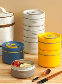 304 Stainless Steel Thermal Lunch Box,Double Layer Portable Meal Container,Round Multi-Layer Lunch Box With Cover For Work/School,Airtight