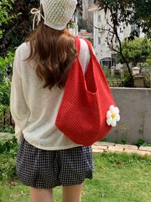 Summer Crochet Knitted Bag, Large Capacity Portable Tote Bag, Casual Handbag For Women, Beach Bag Suitable For Leisure, Travel, Vacation And Daily Outfit