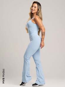 Fitness Flare Jumpsuit With Adjustable Straps Polyamide Mvb Modas - Blue - View 2