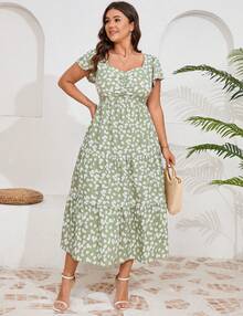 Yesfashion Women Plus Size Dress Short Sleeve Heart Neck Floral Dress - 綠色 - 查看 2