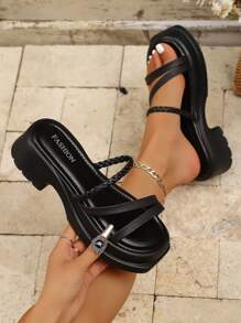 1 paire de sandales compensées à plateforme pour femmes, sandales d'été minimalistes à la mode avec bride tressée, ouvertes sur les orteils, style casual glissant, polyvalentes pour le quotidien et les vacances