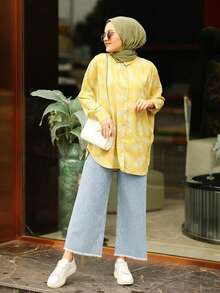 Women's Modest Yellow Blouse With Feather Print Long Batwing Sleeves, Shirt Collar And Button Front Detail, Regular Length Woven Fabric Top - Multicolor - View 2