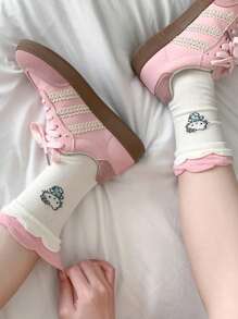 Sanrio 1Pair Sanrio Hello Kitty Mid-Calf Crew Summer Socks Women Socks Flounced Hem Seamless Toe & Breathable Ribbed Texture - Spring/Summer Collegiate Style Socks For School Outfits, Cute Gift With Greeting Card For Birthdays/Valentine's Day