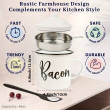46oz Large Enamel Bacon Grease Container Set With Strainer And Silicone Spatula - Dishwasher Friendly, PVC-Free Kitchen Oil Keeper For Cooking Fat Storage