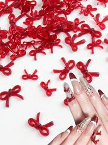 60pcs/Set Non-Scented Assorted Sizes Cute Burgundy Bowknot Nail Art Decorations, Suitable For Autumn & Winter Nail Decor & DIY Accessories