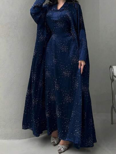 全新中东女士时尚长袍，带水钻装饰，套头长袍（随机水钻）