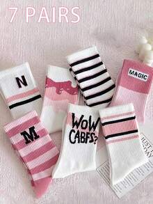 7 Pairs Of Neutral And Fashionable Mid Length Socks, Pink Design, Beautiful And Cute - Multicolor - View 2