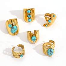 VKHK 1pc 18K Gold Plated Stainless Steel Turquoise Decor Open Ring, Suitable For Women's Daily Wear & Wedding, Gift