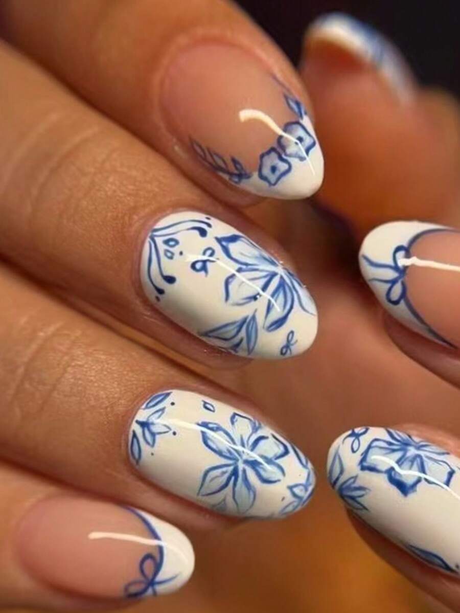 24片椭圆形花朵美甲贴纸套装，亚克力材质，包含1片果冻胶和1个指甲锉，易于粘贴，适合夏季美甲和法式美甲，适合女性和女孩日常、派对和其他场合使用。 - 彩色 - 查看 1