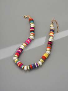1 pieza Collar de estilo bohemio y resort con trenzado, piedras y perlas para mujeres (color aleatorio)