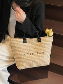 Fashionable Tote Bag - Large Capacity, Made Of Lightweight PVC And Kraft Paper, With Hook And Loop Closure, Stylish Choice For Women - Beige - View 4