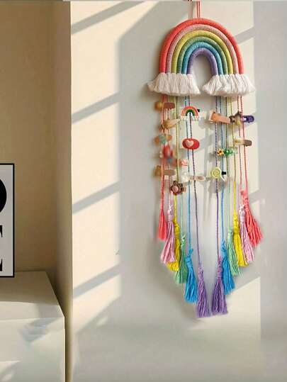 1 Pc Bohemian Rainbow Decor, Handcraft Macrame Wall Hanging Bow Hair Hoop Pendant Tassel Home Decor, Room Dorm Shower Party Supplies,Home Decor ,Room Decor,Wall Decor