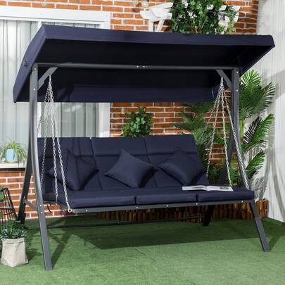 Outsunny Outsunny Dondolo da Giardino 3 Posti con Tettuccio Parasole Regolabile e 3 Cuscini, Dondolo da Esterno con Seduta Traspirante in Texteline e Metallo, Portata Fino a 270 kg, 198x118x168 cm, Blu Scuro