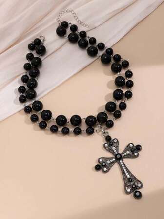 1pc Black Pearl Large Cross Double Layer Necklace, Halloween Fashion Personalized Faux Pearl Multi-Layer Large Cross Pendant Choker Necklace, High-End Versatile Necklace Accessory Suitable For Girls And Women (Pearl Quantity Random)