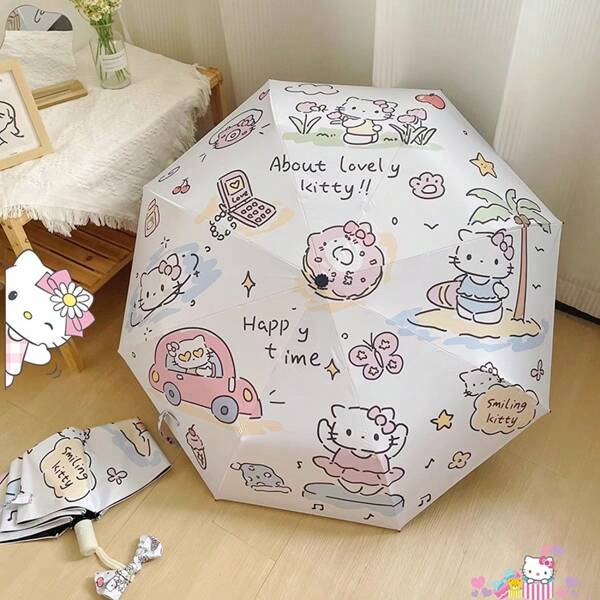 Sanrio 1pc Hello Kitty Automatic Folding Umbrella, UPF50+ Protection, Cute Kitty Designs (Line Art, Love Heart, Funny), Compact & Portable, Suitable For Rainy/Sunny Days, Weddings, Graduations