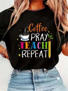 Religion Teacher Gift T-Shirt Print T-Shirt Casual Crew Neck Short Sleeve Comfort Tee Top For Spring & Summer Women's Clothing - 黑色 - 查看 1