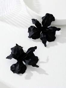 1 Pair Tropical Floral Metal Pendant Earrings, Suitable For Women's Daily And Party Outfits, Flower Design Varies - Black - View 2