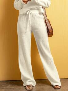 女式夏季纹理抽绳高腰休闲裤 - 米色 - 查看 3