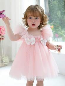 女婴粉色蝴蝶结盖袖公主裙，适合 1 岁生日派对、婚礼、典礼、节日庆典 - 淺粉色 - 查看 1