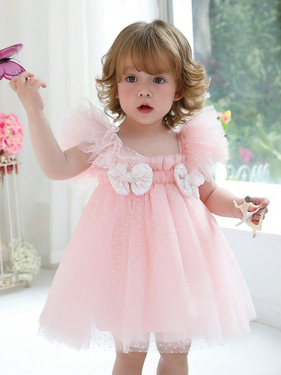 女婴粉色蝴蝶结盖袖公主裙，适合 1 岁生日派对、婚礼、典礼、节日庆典 - 淺粉色 - 查看 1