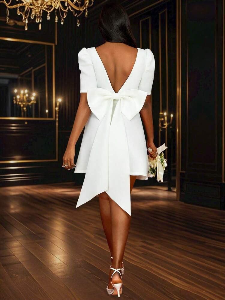 white bow bridal shower dress White Satin Off the Shoulder A Line Short Wedding Dress with Bows