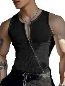 INCERUN Men Round Neck Sleeveless Zipper Summer Holiday Casual Gym Tank Tops Plain Slim Shirts T-Shirt - 黑色 - 查看 1