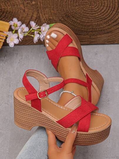 2024 Frühling & Sommer Neue Ankunft Große Größe Keilplattform Lässig Sandalen, Europäisch & Amerikanisch Mode Kreuzriemen Offene Zehe Komfortable Erhöhte Sandalen, Wasserdichte Plateausohle Keilpantoffel