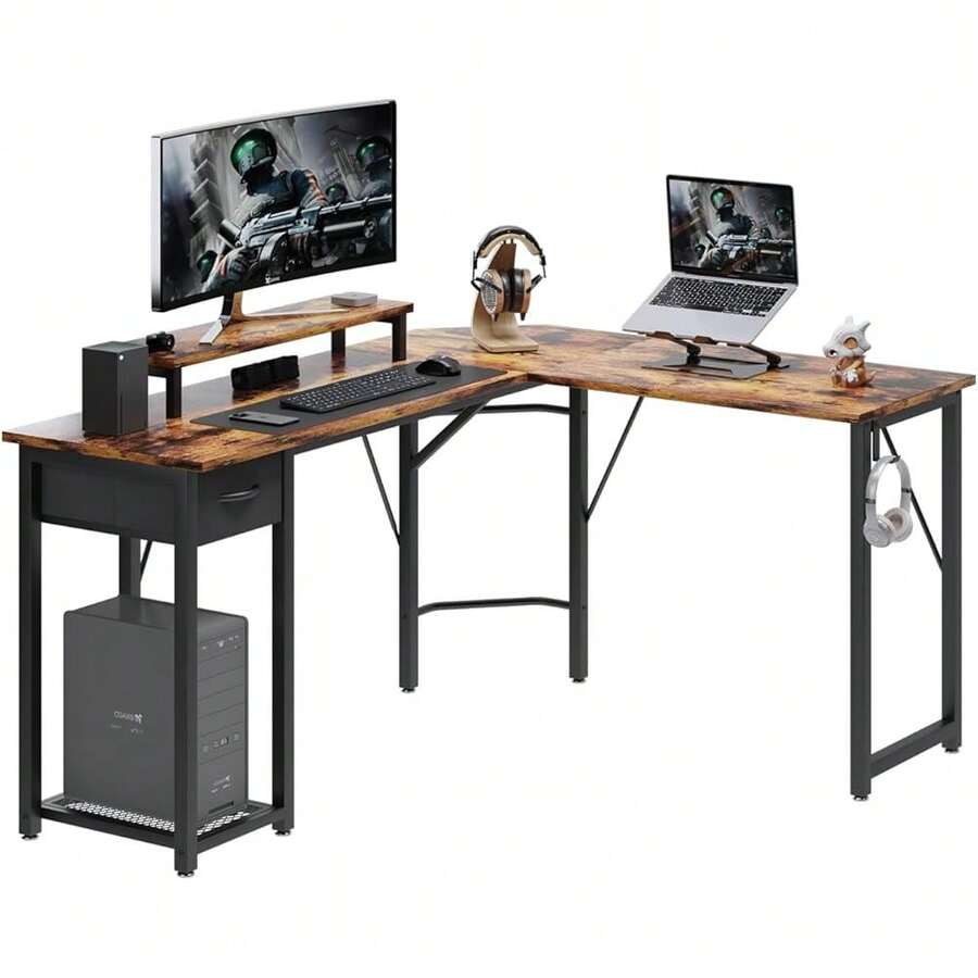 TREETALK Computer Dk, L-Shaped Dk  Large Monitor Stand,Switchable PC Laptop Table Corner Dk  Fabric Drawer And Metal Frame Shelf For Office Home (Rustic Brown) - Bildfarbe - View 1