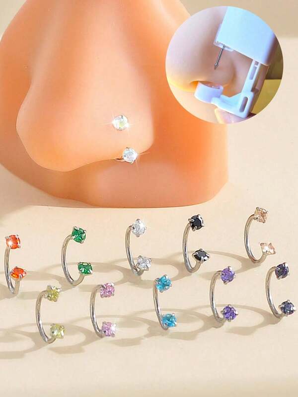 1pc Disposable Sterile Nose Piercing Kit, Including Medical-Grade Stainless Steel Nose Stud, Sparkling Rhinestone Nose Ring, Fashionable Punk-Style Nose Stud, Suitable For Parties, Events And Daily Wear