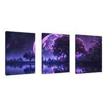 3PCS Big Purple Moon Canvas Art Print, Modern Wall Decoration Living Room, Bedroom, Studio And Corridor Large Wall Arts Posters Optional Frame ,Wall Art With Frame