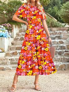 Women's Spring/Summer Casual Flutter Short Sleeve Midi Dress Cowl Layered Out Dresses - 紅底黃粉花 - 查看 1