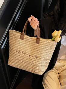 Chic Preppy-Style Large Capacity Tote Bag - Lightweight PVC & Kraft Paper With Magic Tape Closure For Women's Fashion