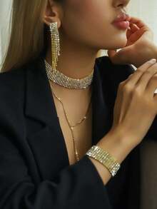 1 Set Elegant Jewelry Set: 1 Pair Earrings + 1 Necklace + 1 Bracelet, Black Gold Silver Plated With Rhinestones, Multiple Colors Available, Suitable For Daily Wear - Geometry - View 3