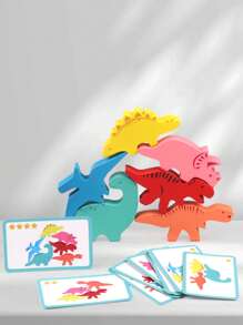 Bloques de construcción de dinosaurios creativos de madera con música, un set colorido que incluye: 5 piezas de partículas de dinosaurios lindos, 10 tarjetas doble cara con patrones de apilamiento "desde principiante hasta avanzado" para ejercitar los movimientos finos de las manos, juguetes de apilamiento de dinosaurios, adecuados como juguetes educativos para la primera infancia, ¡ideales como regalos para Halloween o Día del Niño!