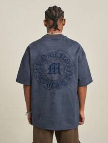 MT99 休闲美式麂皮刺绣短袖T恤，宽松版型藏蓝色男女通用上衣 - 藏蓝色 - 查看 2