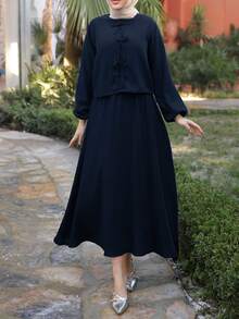 2pcs Muslim Women Loose Long Sleeve Top & Midi Skirt Set, Arab Style - Navy Blue - View 1