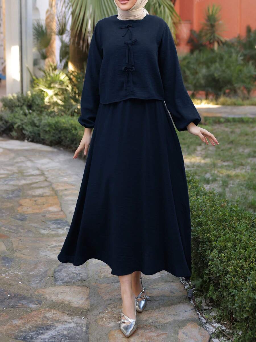 2pcs Muslim Women Loose Long Sleeve Top & Midi Skirt Set, Arab Style - Navy Blue - View 1