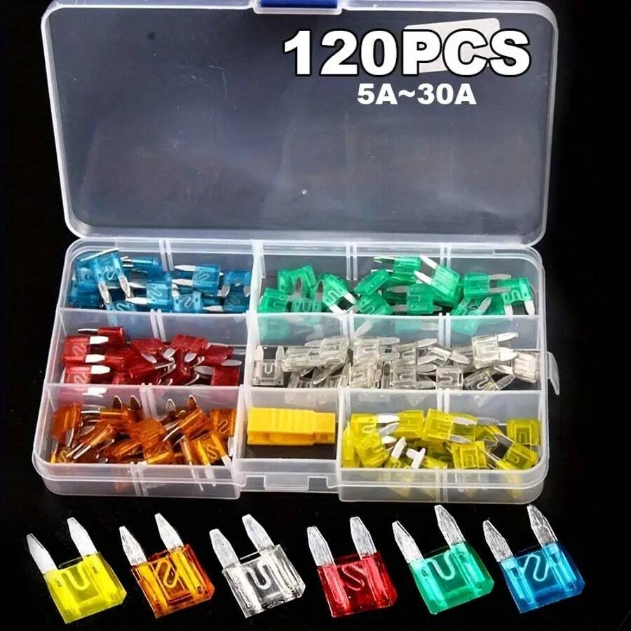 120 pezzi in confezione, 20 pezzi per ognuna delle 6 misure di fusibili piccoli da 5/10/15/20/25/30 AMP + fermaglio per fusibile giallo
