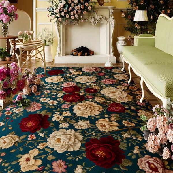 1pc Deluxe Oil Painting Style Red & White Rose Floral Print Carpet, 1100g High Density Faux Wool + TPR Washable Bottom, 0.6cm Thick, European & American Classical Tropical Plant Element Soft Plush Area Rug, Suitable For Outdoor, Entrance, Living Room, Bedroom, Laundry Room, Bathroom, Machine Washable All Seasons Large-Size Mat, Home Decor