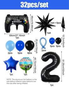 32件/33件遊戲派對用品，遊戲生日套裝，包含遊戲控制器裝飾、0-15數字氣球、爆炸星，適用於生日派對、遊戲主題派對、拍照道具，L升級版！生日派對裝飾 - 彩色 - 查看 20