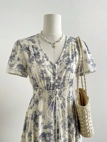 Rusttydustty Floral V-Neck Cinched Waist Casual Maxi Dress, Bohemian Style, Beach Outfit, Music Festival, Tropical Holiday