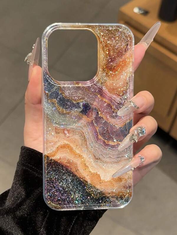 Premium IMD Glitter Gradient Marble Colorful Shockproof Protective Phone Case Compatible With IPhone 16/11/16Pro/16Plus/16ProMax/16E/15ProMax/13/14/12/XS/XR/7G/8P, Premium Glitter IPhone 15 ProMax Phone Case, New IPhone 14 Anti-Drop 13 For Men & Women, Slim Matte 14ProMax/11/14/13 Soft Silicone Shockproof Protective Phone Case