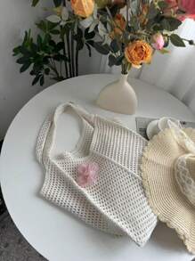 Summer Beach Hollow Woven Tote Bag, Foldable Design, Oversized Women's Handbag, Beach Bag; New Fashionable Floral Embroidery Shoulder Bag Suitable For Summer Beach, Vacation, Valentine's Day