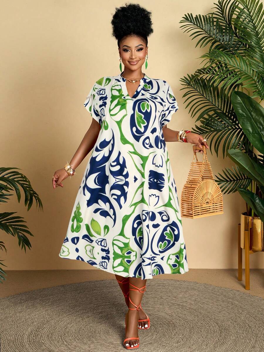 BIUBIU 大码女式休闲几何印花V领荷叶袖宽松中长连衣裙，适合日常、度假（图案随机），夏季 - 藍綠色 - 查看 1