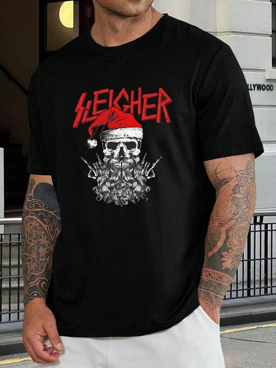 Camiseta de Santa Calavera Graciosa Sleigher - Camiseta navideña de metal para hombre y mujer - Regalo navideño de rock - Camiseta gráfica festiva de heavy metal - Negro - Ver 1