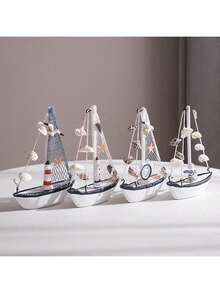 1pc Wooden Sailboat Ornament Nautical Beach Coastal Style Decoration With Seashell Net Lighthouse Starfish Seagull Wheel Random Design Mini Boat Figurine For Home Shelf Desktop Tabletop Bathroom Decor Gift - Multicolor - View 4